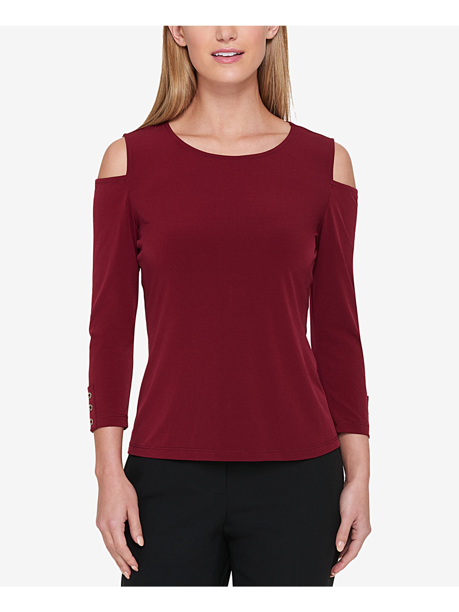 TOMMY HILFIGER $59 Womens New 1184 Burgundy Cold Shoulder Beaded Cuff Top L B+B